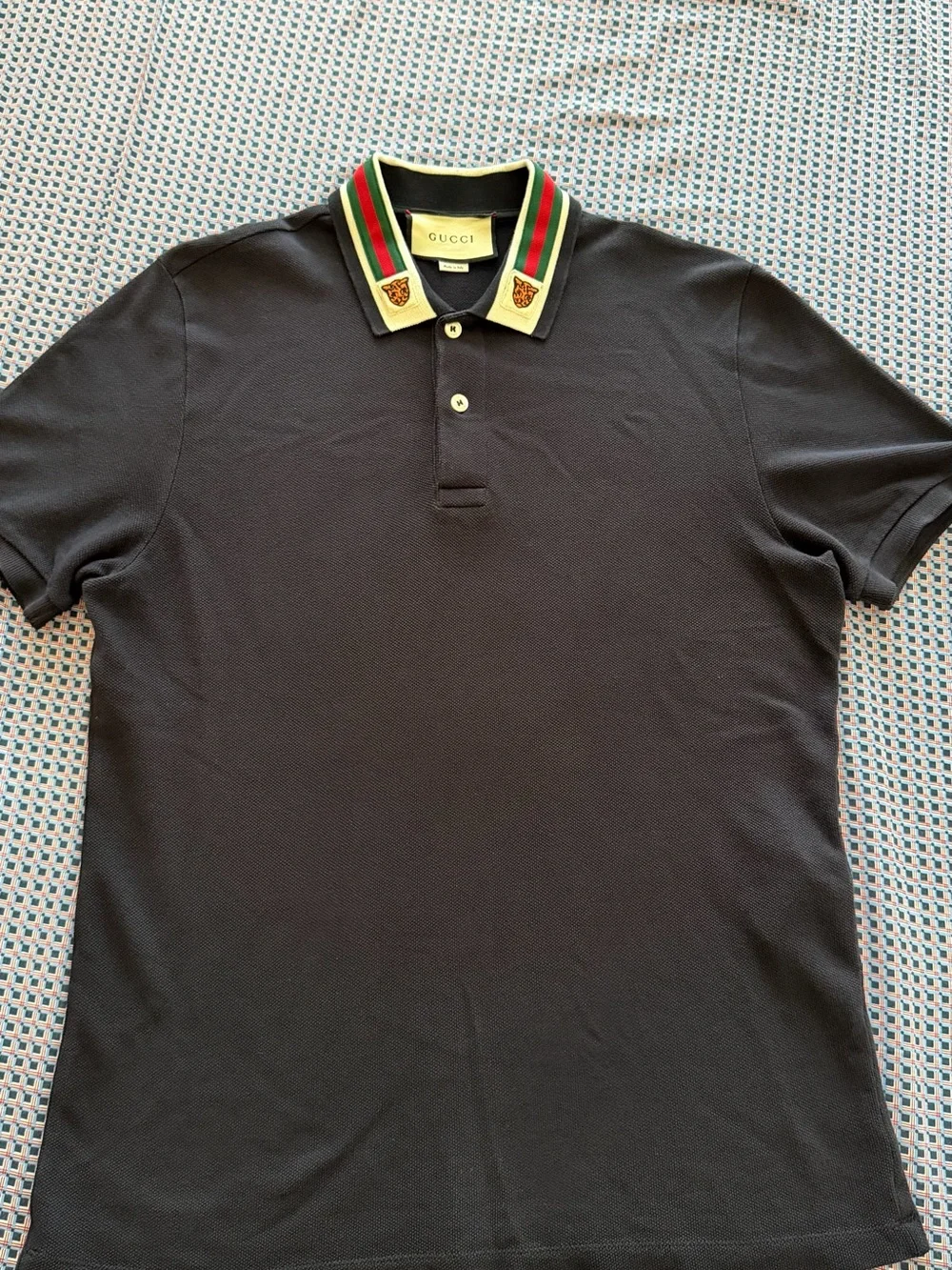 Gucci Black Polo with Green-Red Striped Collar and Embroidered Crests